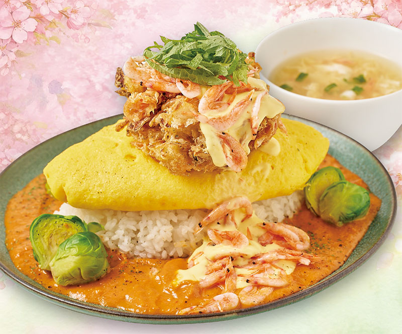 駿河湾桜えびのかき揚げと村の春野菜の春色オムライス